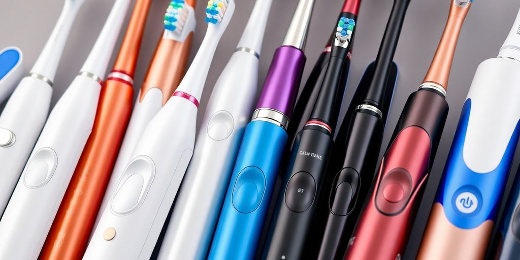 Nahaufnahme verschiedener elektrischer Zahnbürsten in bunten Designs.