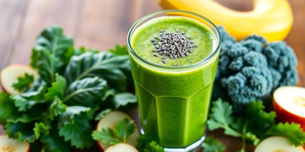 Grüner Smoothie mit frischem Obst und Gemüse.