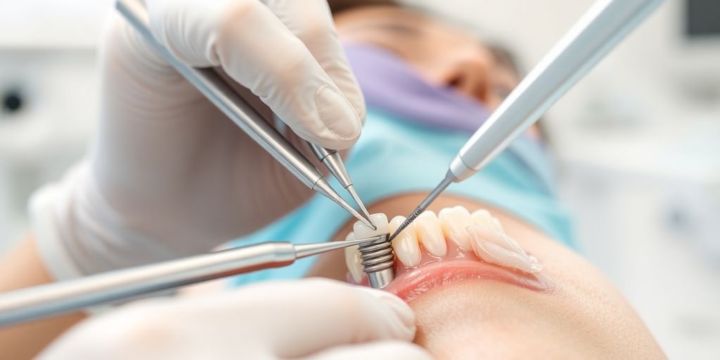 Zahnimplantat Pflege durch Zahnarzt in Klinik.
