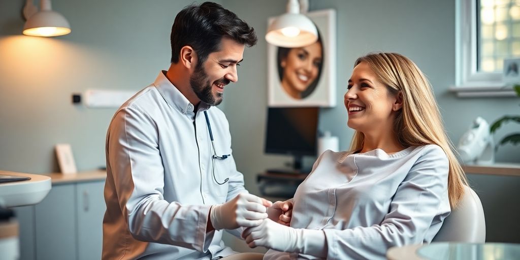 Zahnarzt und entspannter Patient in freundlicher Praxis.