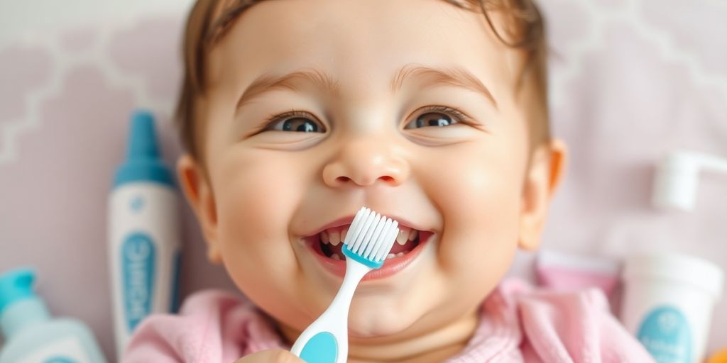 Lächelndes Baby mit Zahnbürste und bunten Zahnpflegeprodukten.