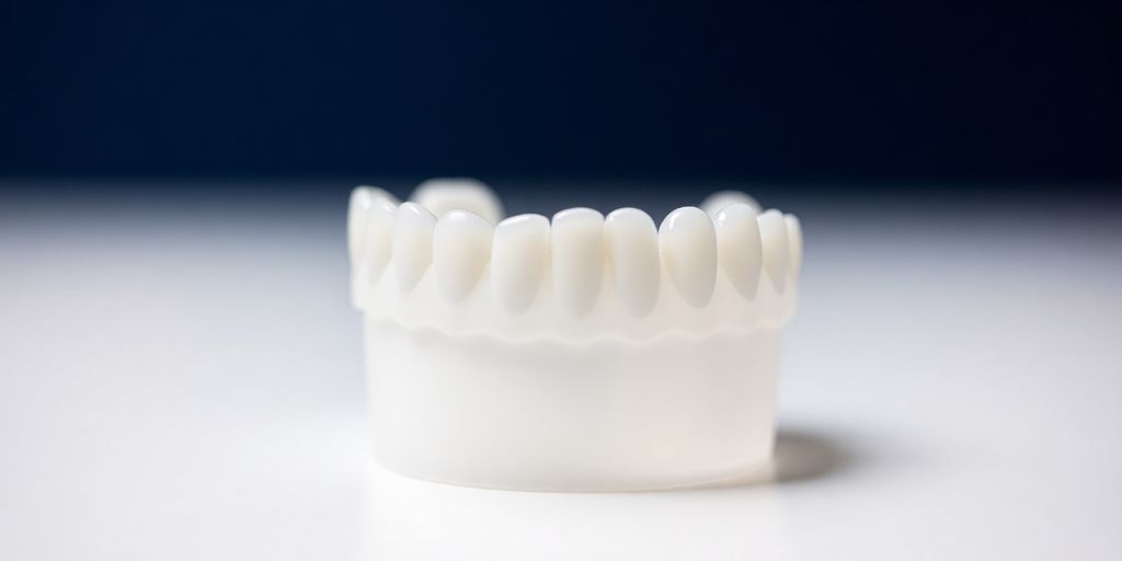 3D-gedruckte Zahnprothese auf neutralem Hintergrund.