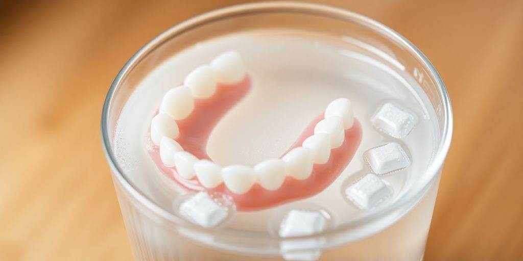Reinigung von Zahnprothesen in Wasser mit Tabletten.