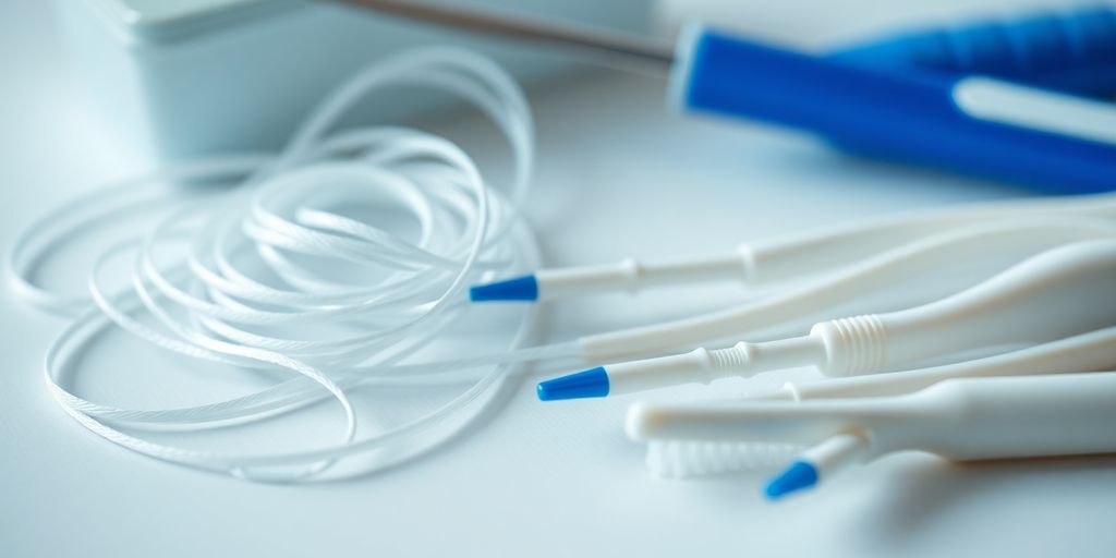 Zahnseide und Interdentalbürsten auf einem sauberen Tisch.