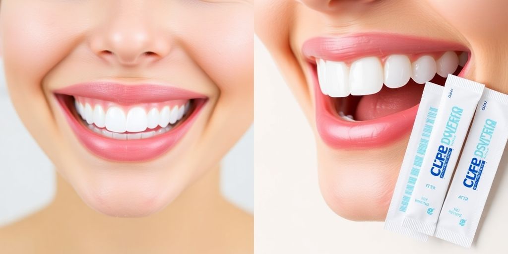 Helle Zähne und Zahnaufhellungsstreifen nebeneinander.