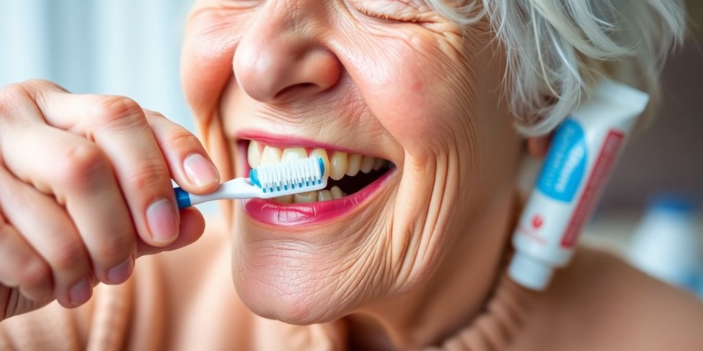 Senior mit Zahnbürste und Zahnpasta