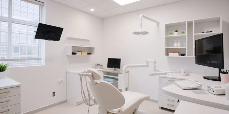 Zahnarztpraxis mit modernem Equipment und Zahnarztstuhl.