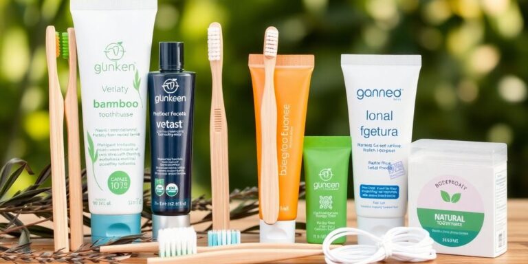 Nachhaltige Zahnpflegeprodukte wie Bambuszahnbürsten und Naturzahnpasta.