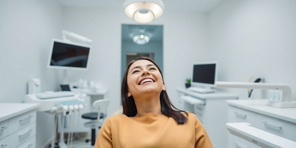 Helle Zahnarztpraxis mit Patient im Behandlungsstuhl.